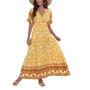 Amasoo Yellow & White Floral Half-Sleeve Maxi Dress Size XL